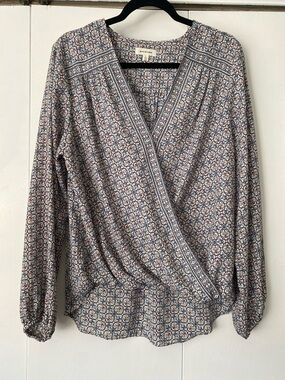 Max Studio Blue and Cream Geometric Wrap-Front Tunic